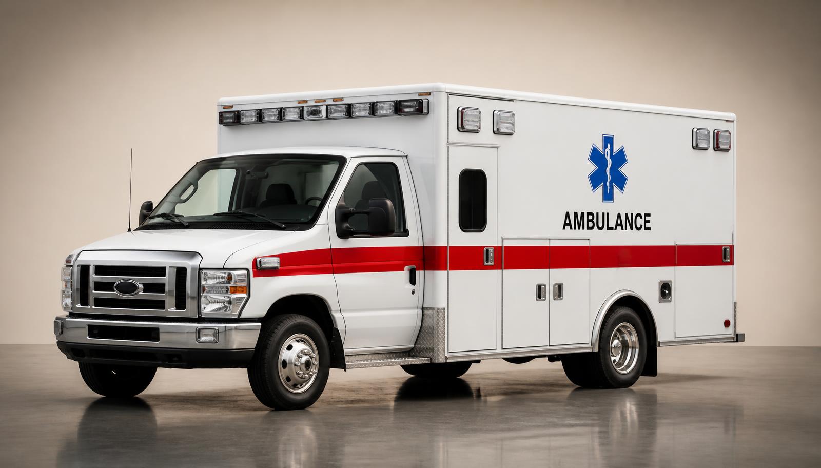 Conceptual studio render of a white BLS ambulance with a red stripe, blue Star of Life and AMBULANCE lettering
