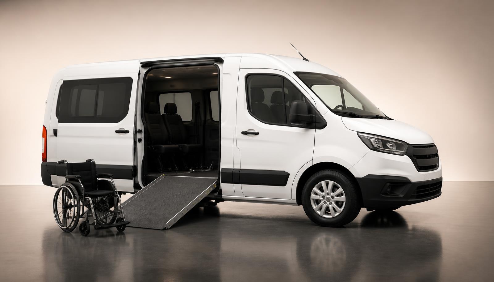 Conceptual studio render of a white wheelchair-accessible van with its boarding ramp deployed and an empty manual wheelchair beside it